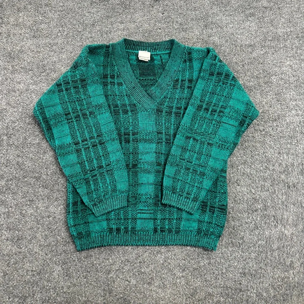 Basics Sweater Mens Size S Teal Textured Knit V-Neck Long Sleeve Geometric